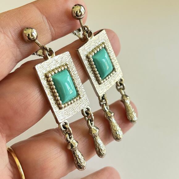 Vintage Sarah Coventry clip on earrings silver & blue southwestern drop dangles - Picture 5 of 7